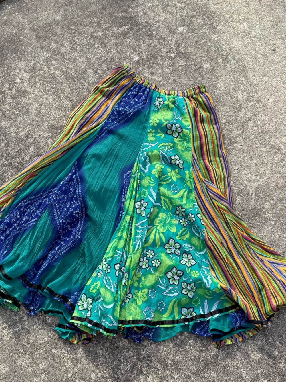 Soft Surroundings Boho Patchwork Maxi Skirt Green Blue Floral Size M